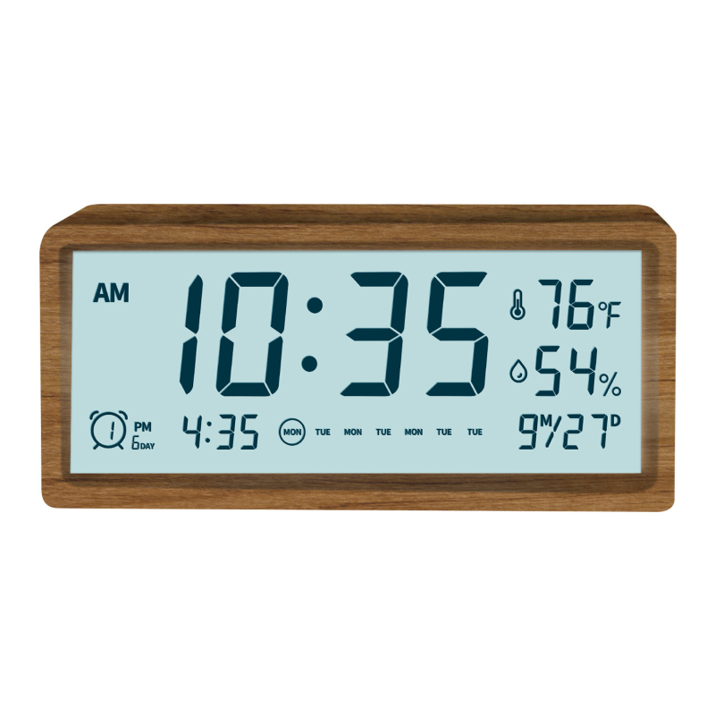 Mormon äratuskell, tammest korpus, LED-numbriline display, akudega toidetav elektrooniline liikumine, termomeeter ja nädalapäeva kuvamine