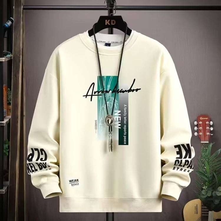 Pulover bărbătește din fleece, guler rotund, croi lejer, mâneci lungi, 100% poliester