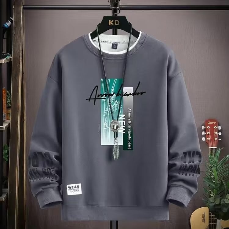 Pulover bărbătește din fleece, guler rotund, croi lejer, mâneci lungi, 100% poliester