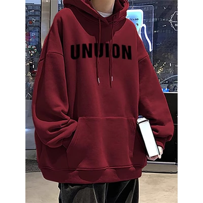 Muški hoodie s kapuljom, širokog kroja, otisak s slovima, poliester, trodimenzionalni džep