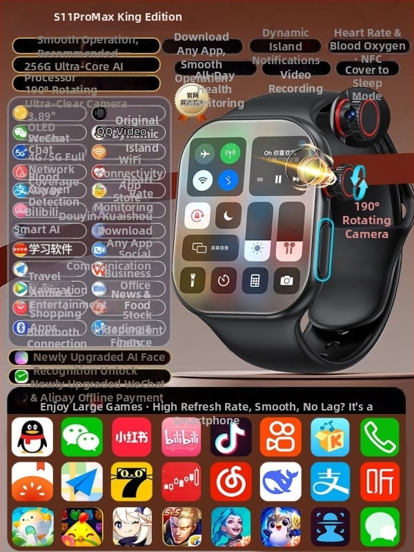 5G nutikas käekell S11, SIM-kaardi pesa, 256GB salvestusruum, NFC, südame löögisageduse jälgimine