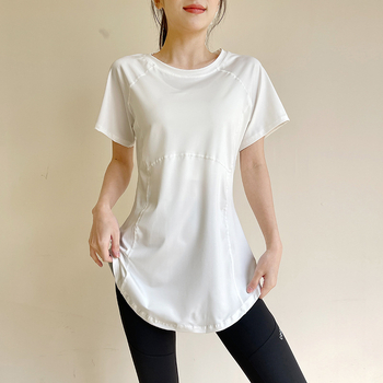 Женска спортна тениска с къс ръкав, средна дължина, покриваща ханша, дишаща и бързосъхнеща полиестерова материя (86% полиестер, 14% спандекс), за йога, упражнения и спорт