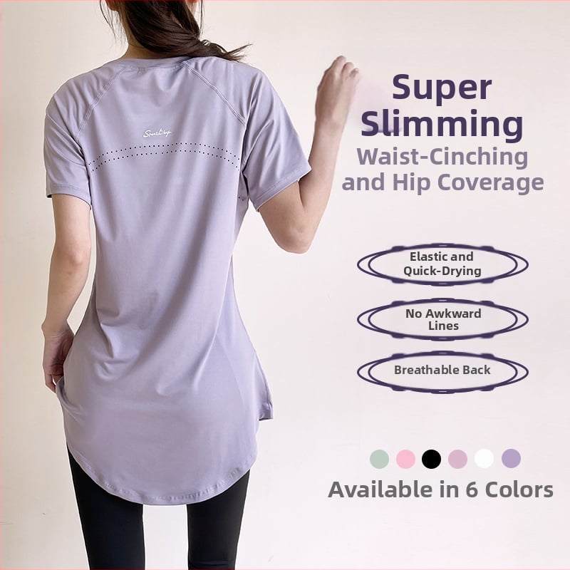 Женска спортна тениска с къс ръкав, средна дължина, покриваща ханша, дишаща и бързосъхнеща полиестерова материя (86% полиестер, 14% спандекс), за йога, упражнения и спорт