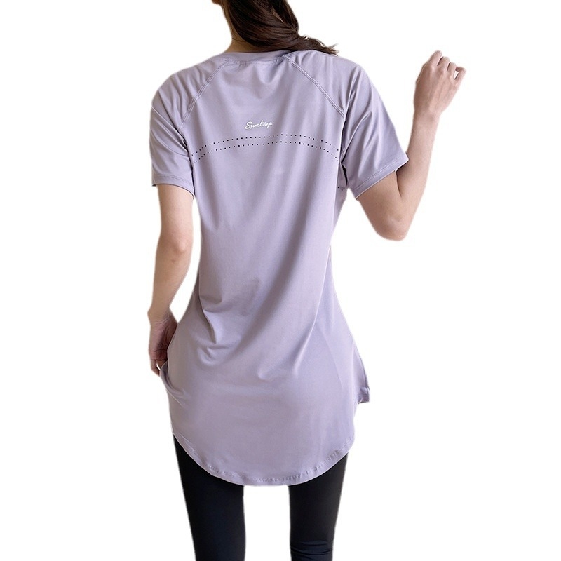 Женска спортна тениска с къс ръкав, средна дължина, покриваща ханша, дишаща и бързосъхнеща полиестерова материя (86% полиестер, 14% спандекс), за йога, упражнения и спорт