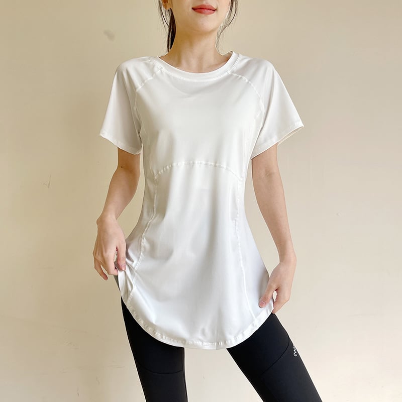 Женска спортна тениска с къс ръкав, средна дължина, покриваща ханша, дишаща и бързосъхнеща полиестерова материя (86% полиестер, 14% спандекс), за йога, упражнения и спорт