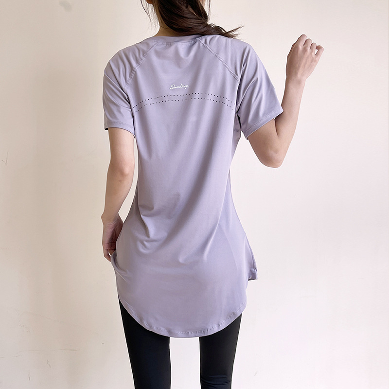 Женска спортна тениска с къс ръкав, средна дължина, покриваща ханша, дишаща и бързосъхнеща полиестерова материя (86% полиестер, 14% спандекс), за йога, упражнения и спорт