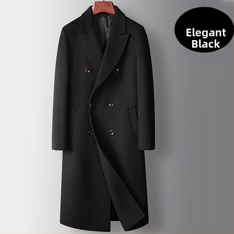 Garš vīriešu vilnas mētelis – dubultā aizdare, noņemama pūkaina oderes, brīvs siluets, žaketes stila apkakle (Blīva vilnas audums; Vilnas pamata audums; Noņemama pūka oderes; Brīvs siluets; Žaketes apkakle)