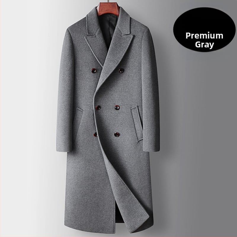 Garš vīriešu vilnas mētelis – dubultā aizdare, noņemama pūkaina oderes, brīvs siluets, žaketes stila apkakle (Blīva vilnas audums; Vilnas pamata audums; Noņemama pūka oderes; Brīvs siluets; Žaketes apkakle)