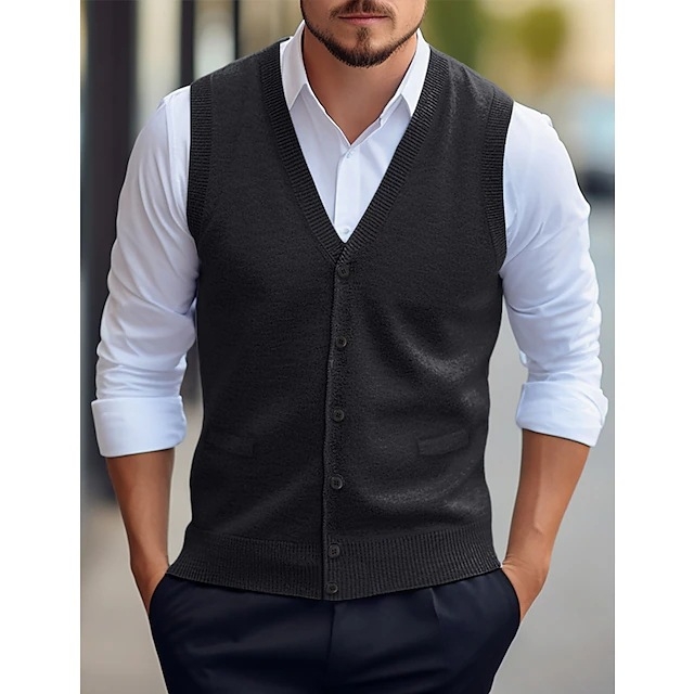 Šaurs vīriešu adīts vestes ar V kaklu, bez piedurknēm, vilnas maisījums, vienkrāsains, četrās sezonās, dubultā sprādze aizdare, ribota mala