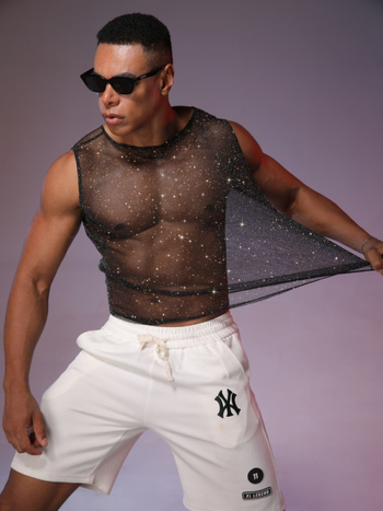 Vīriešu bez piedurknēm tops no poliestera ar Hotfix kristāliem, caurspīdīgs dizains, ielu stils, vasara 2025, pusaudžiem