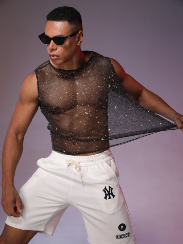 Vīriešu bez piedurknēm tops no poliestera ar Hotfix kristāliem, caurspīdīgs dizains, ielu stils, vasara 2025, pusaudžiem