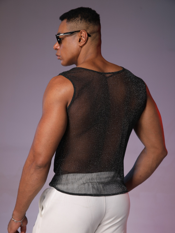 Vīriešu bez piedurknēm tops no poliestera ar Hotfix kristāliem, caurspīdīgs dizains, ielu stils, vasara 2025, pusaudžiem