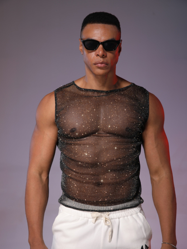 Vīriešu bez piedurknēm tops no poliestera ar Hotfix kristāliem, caurspīdīgs dizains, ielu stils, vasara 2025, pusaudžiem