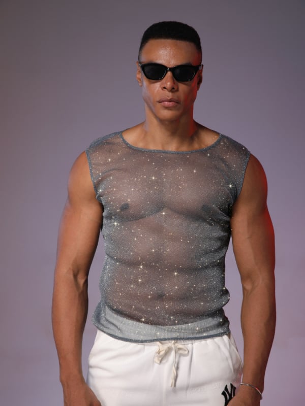 Vīriešu bez piedurknēm tops no poliestera ar Hotfix kristāliem, caurspīdīgs dizains, ielu stils, vasara 2025, pusaudžiem