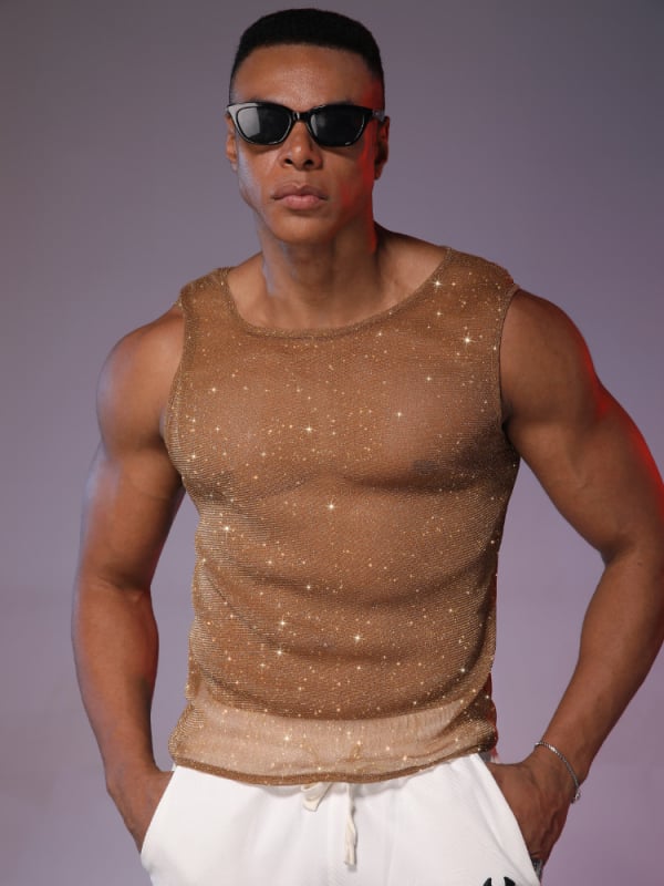 Vīriešu bez piedurknēm tops no poliestera ar Hotfix kristāliem, caurspīdīgs dizains, ielu stils, vasara 2025, pusaudžiem