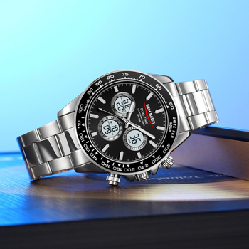 Skmei vyriškas daugiakomponentinis elektroninis laikrodis – dviejų laikų, chronometras, data ir žadintuvas — analog-digital ekranas, dirželis iš nerūdijančio plieno/silikono, atsparus vandeniui 30M