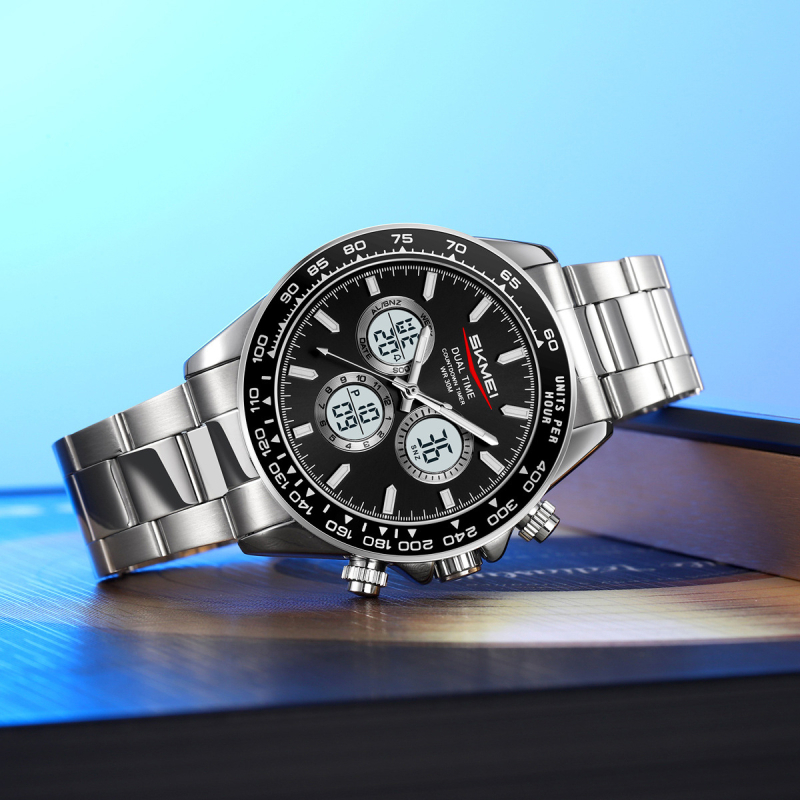 Skmei vyriškas daugiakomponentinis elektroninis laikrodis – dviejų laikų, chronometras, data ir žadintuvas — analog-digital ekranas, dirželis iš nerūdijančio plieno/silikono, atsparus vandeniui 30M