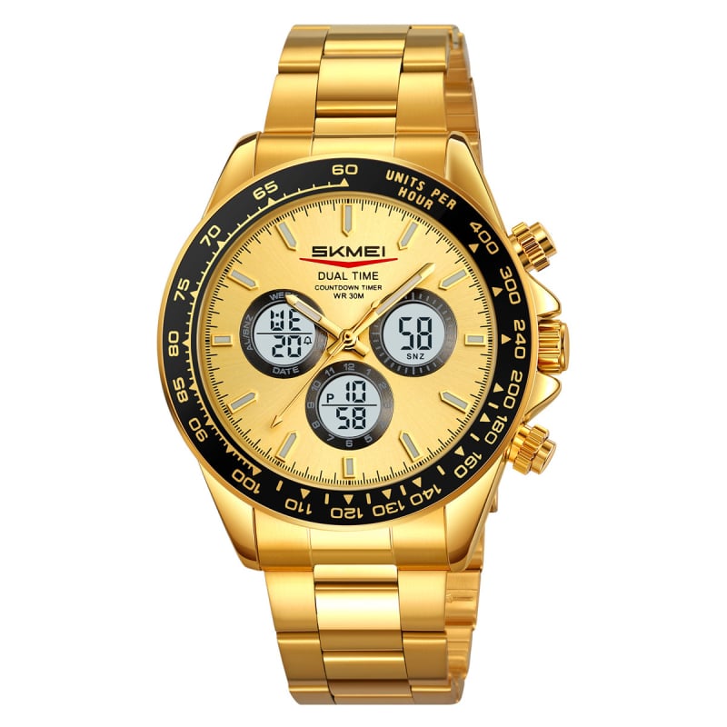 Skmei vyriškas daugiakomponentinis elektroninis laikrodis – dviejų laikų, chronometras, data ir žadintuvas — analog-digital ekranas, dirželis iš nerūdijančio plieno/silikono, atsparus vandeniui 30M