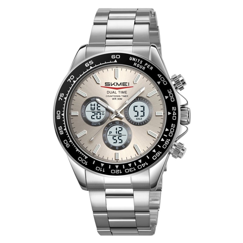 Skmei vyriškas daugiakomponentinis elektroninis laikrodis – dviejų laikų, chronometras, data ir žadintuvas — analog-digital ekranas, dirželis iš nerūdijančio plieno/silikono, atsparus vandeniui 30M