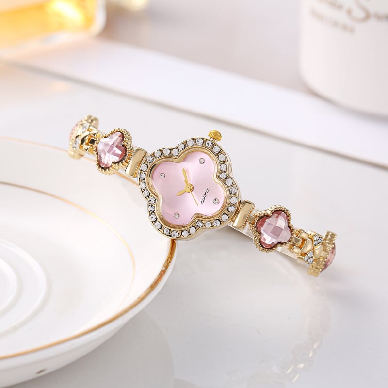 Ženski kvarcni sat s dijamantnom dekoracijom, brojčanik u obliku cvijeta, kućište i kaiš od legure