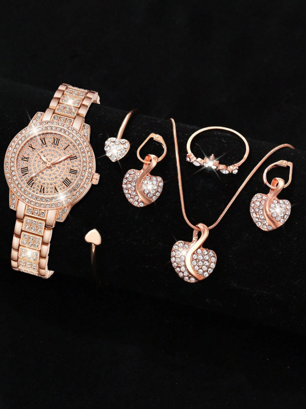 Női gyémánt díszes óraszett római számkijelzéssel, kvarc működés, ötvözetes tok és szíj (NEM VÍZÁLLÓ)