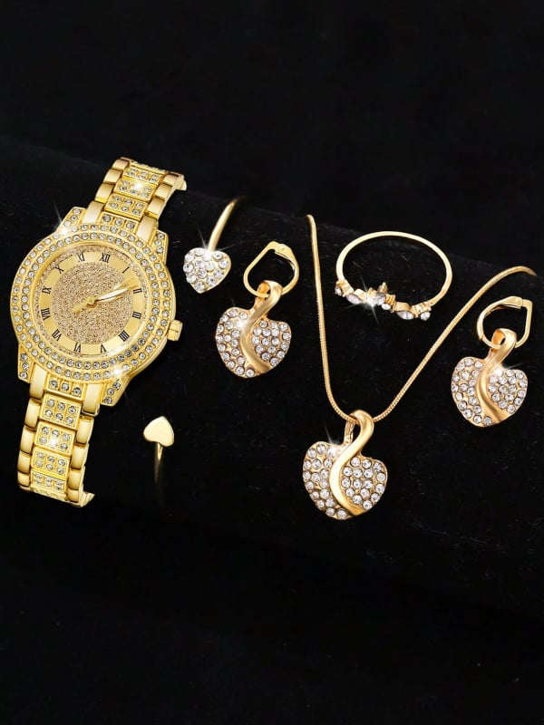Női gyémánt díszes óraszett római számkijelzéssel, kvarc működés, ötvözetes tok és szíj (NEM VÍZÁLLÓ)