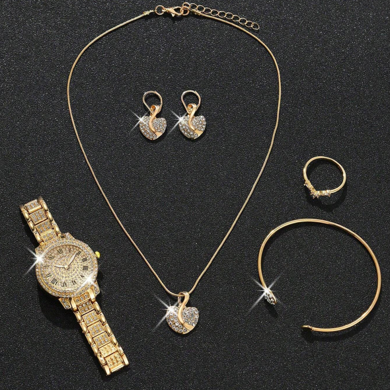 Női gyémánt díszes óraszett római számkijelzéssel, kvarc működés, ötvözetes tok és szíj (NEM VÍZÁLLÓ)