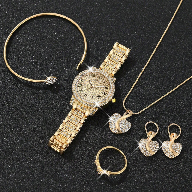 Női gyémánt díszes óraszett római számkijelzéssel, kvarc működés, ötvözetes tok és szíj (NEM VÍZÁLLÓ)