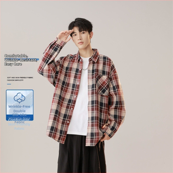 Marškiniai su languotu raštu, ilgomis rankovėmis, laisvas kirpimas, poliesteris 71-80%, pavasaris 2025