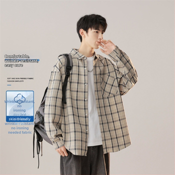 Marškiniai su languotu raštu, ilgomis rankovėmis, laisvas kirpimas, poliesteris 71-80%, pavasaris 2025