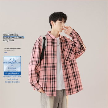 Marškiniai su languotu raštu, ilgomis rankovėmis, laisvas kirpimas, poliesteris 71-80%, pavasaris 2025