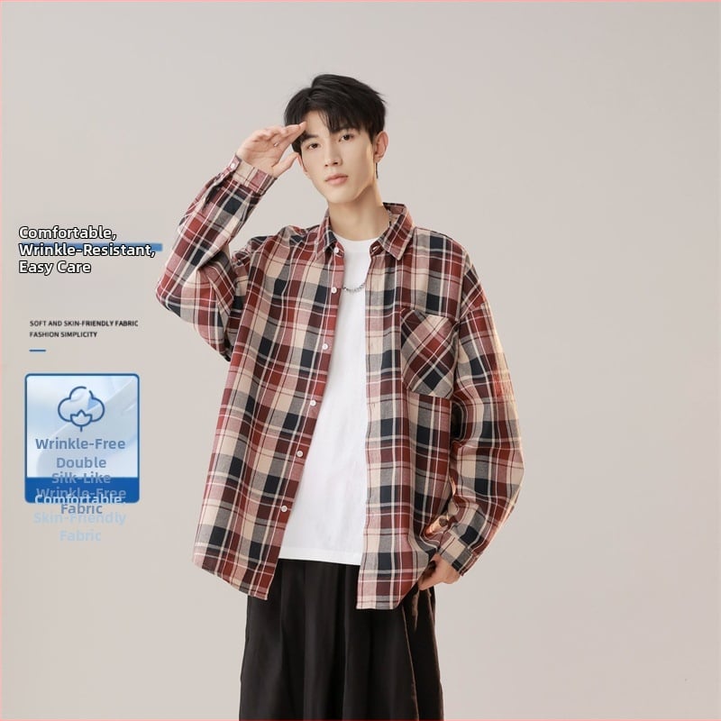 Marškiniai su languotu raštu, ilgomis rankovėmis, laisvas kirpimas, poliesteris 71-80%, pavasaris 2025