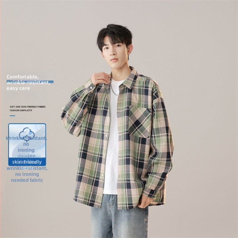 Marškiniai su languotu raštu, ilgomis rankovėmis, laisvas kirpimas, poliesteris 71-80%, pavasaris 2025