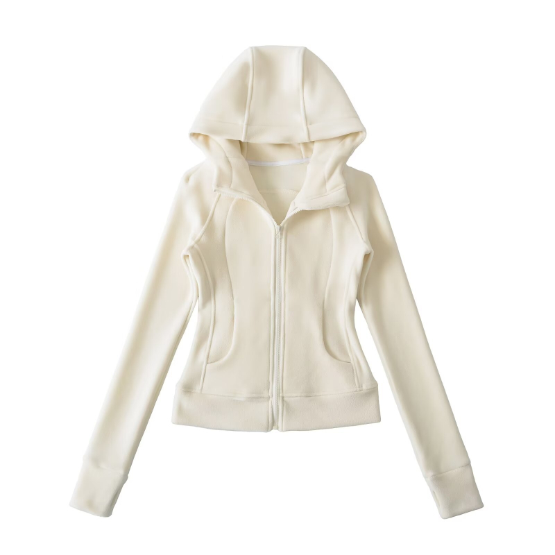 Ženski kardigan s kapuljom od flisa – jednobojni kratki model, raglan rukavi, zatvarač, 50–70% pamuka
