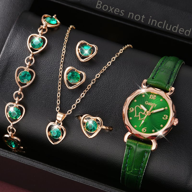 Női kvarc karóra bőrszíjjal és szív alakú számlappal — kör alakú tokkal, csavaros koronával