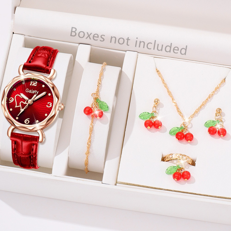 Női kvarc karóra bőrszíjjal és szív alakú számlappal — kör alakú tokkal, csavaros koronával