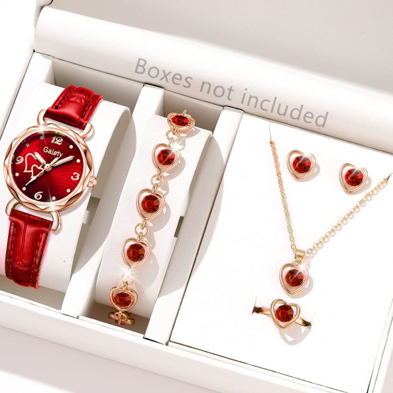 Női kvarc karóra bőrszíjjal és szív alakú számlappal — kör alakú tokkal, csavaros koronával