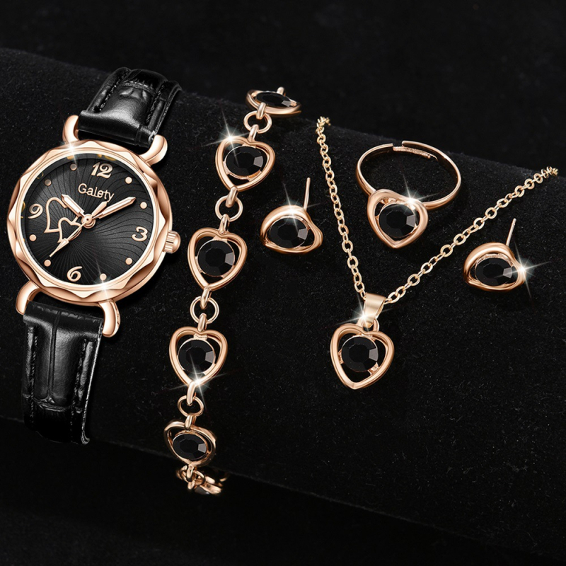 Női kvarc karóra bőrszíjjal és szív alakú számlappal — kör alakú tokkal, csavaros koronával