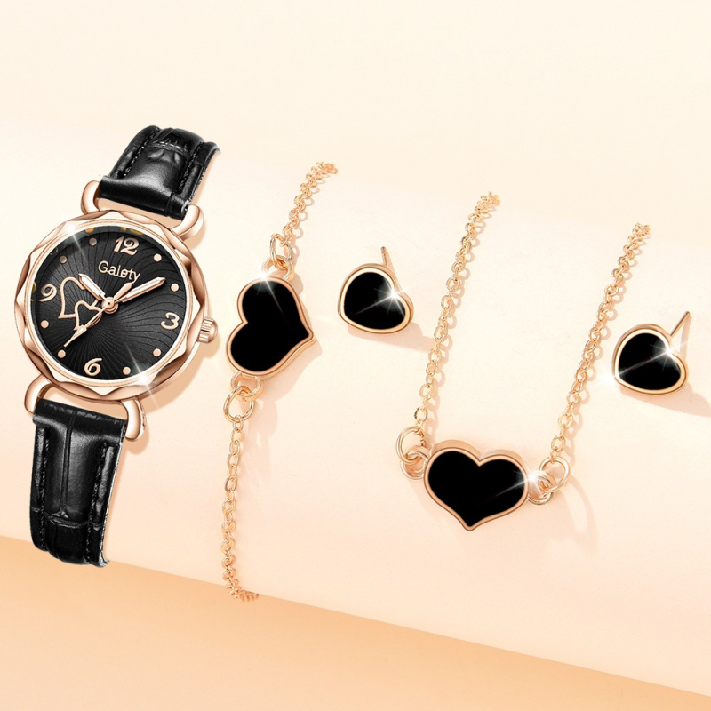 Női kvarc karóra bőrszíjjal és szív alakú számlappal — kör alakú tokkal, csavaros koronával