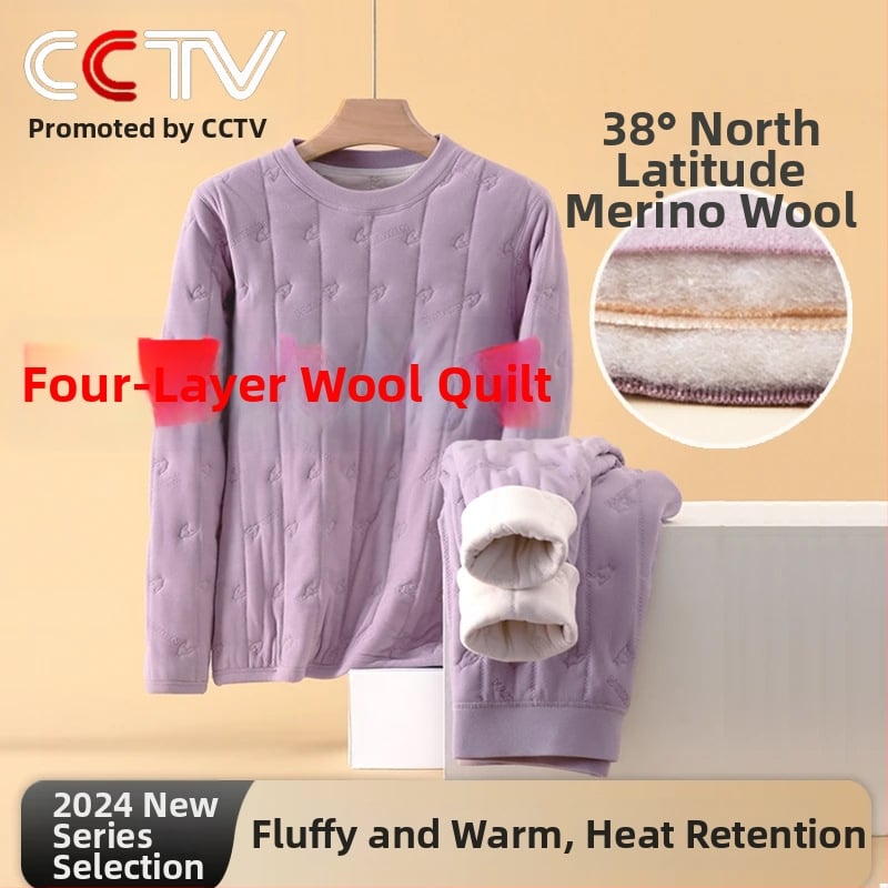 Set termic din lână, grosime extra, trei straturi, guler semi-turtleneck, fără cusături, top cu mâneci lungi și pantaloni, căptușit cu velur, încălzire, protecție pentru genunchi, talie și spate