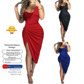 Vakarinė suknelė su blizgučiais, vieno peties, vientisas dizainas, asimetrinė sijono suknelė su įpjova