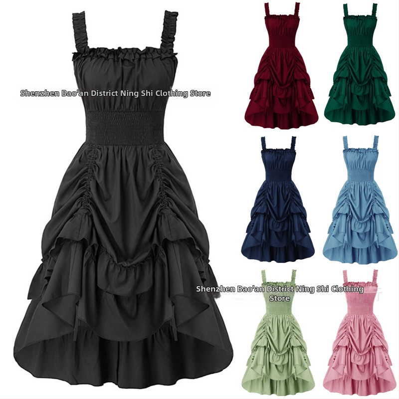 Suknelė su petnešėlėmis ir pečių atviru kaklu, pūkota midi suknelė, poliesterio audinys, Pavasaris 2024