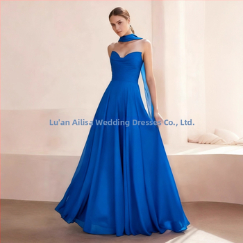 Õhtukleit ilma õlarihmadeta, pikk A-liini siluett, kõrge talje, polüestri segu pulmakleit