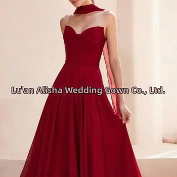 Õhtukleit ilma õlarihmadeta, pikk A-liini siluett, kõrge talje, polüestri segu pulmakleit