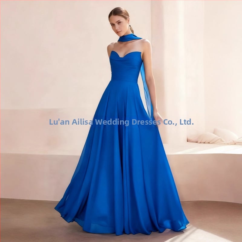 Õhtukleit ilma õlarihmadeta, pikk A-liini siluett, kõrge talje, polüestri segu pulmakleit