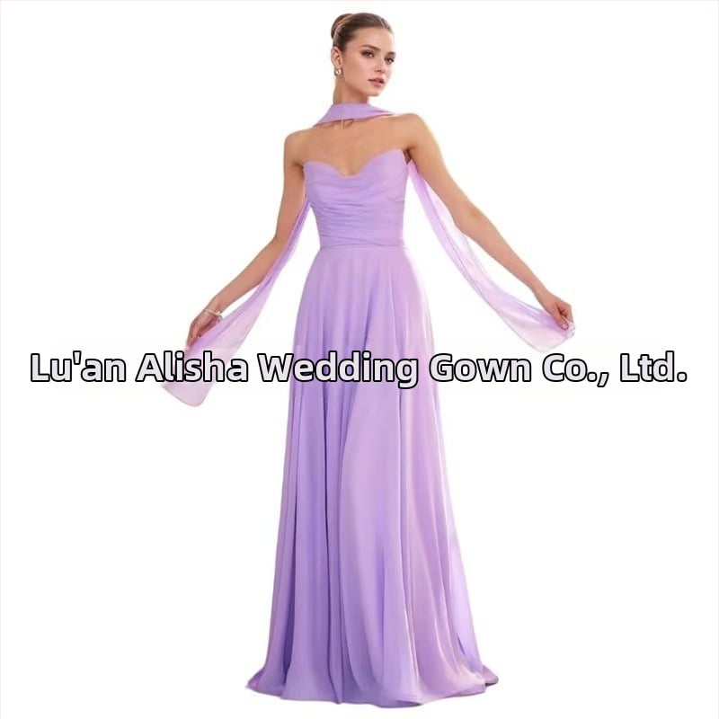 Õhtukleit ilma õlarihmadeta, pikk A-liini siluett, kõrge talje, polüestri segu pulmakleit