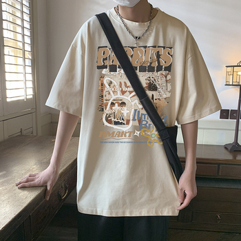 Meeste lühikeste varrukatega T-särk, 100% puuvill, Hongkongi stiil, laia lõige, karikatuurtrükk.