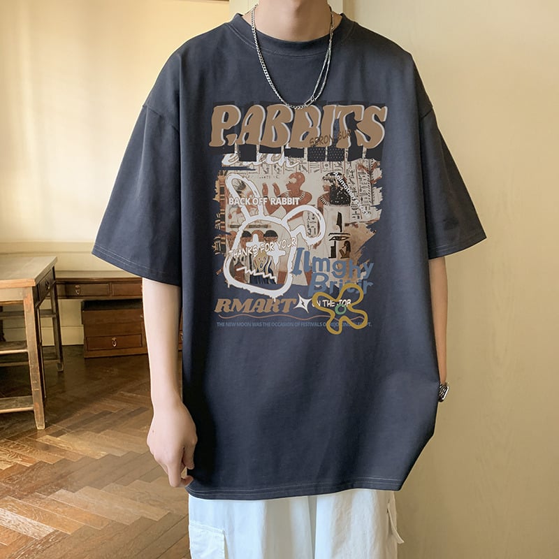 Meeste lühikeste varrukatega T-särk, 100% puuvill, Hongkongi stiil, laia lõige, karikatuurtrükk.