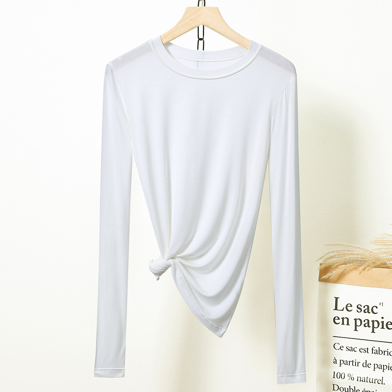 Ženski modalni T-shirt s dugim rukavima i okruglim izrezom, svestrani bazni top, uski kroj, plus veličina, korejski stil