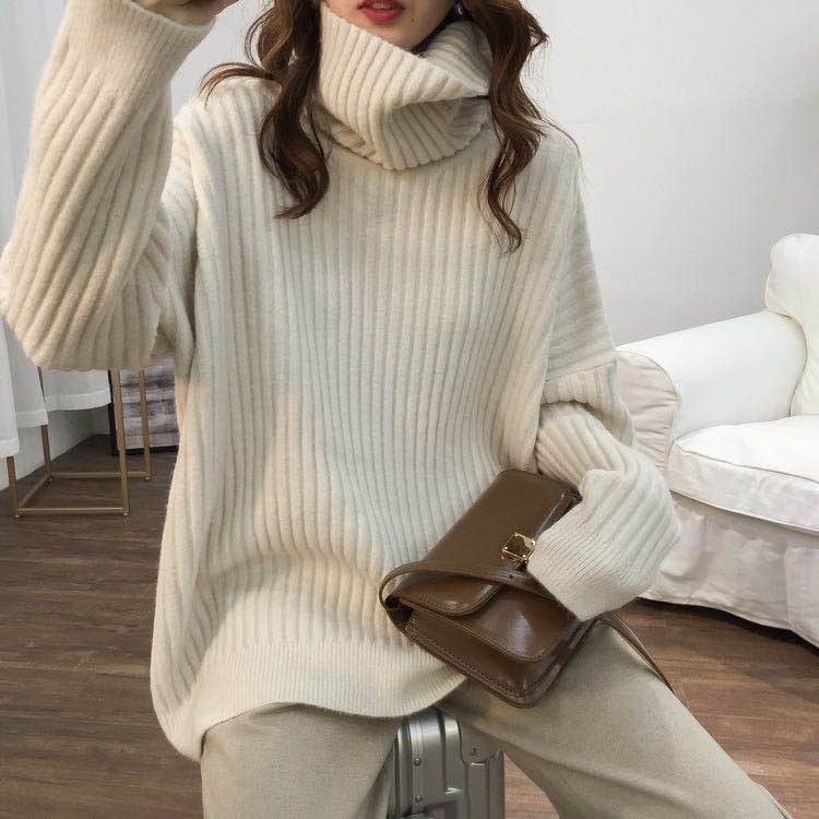 Női magasnyakú pulóver, laza szabás, hosszú ujjú, normál hosszúságú (50–65 cm), spandex anyag, őszi-téli 2025